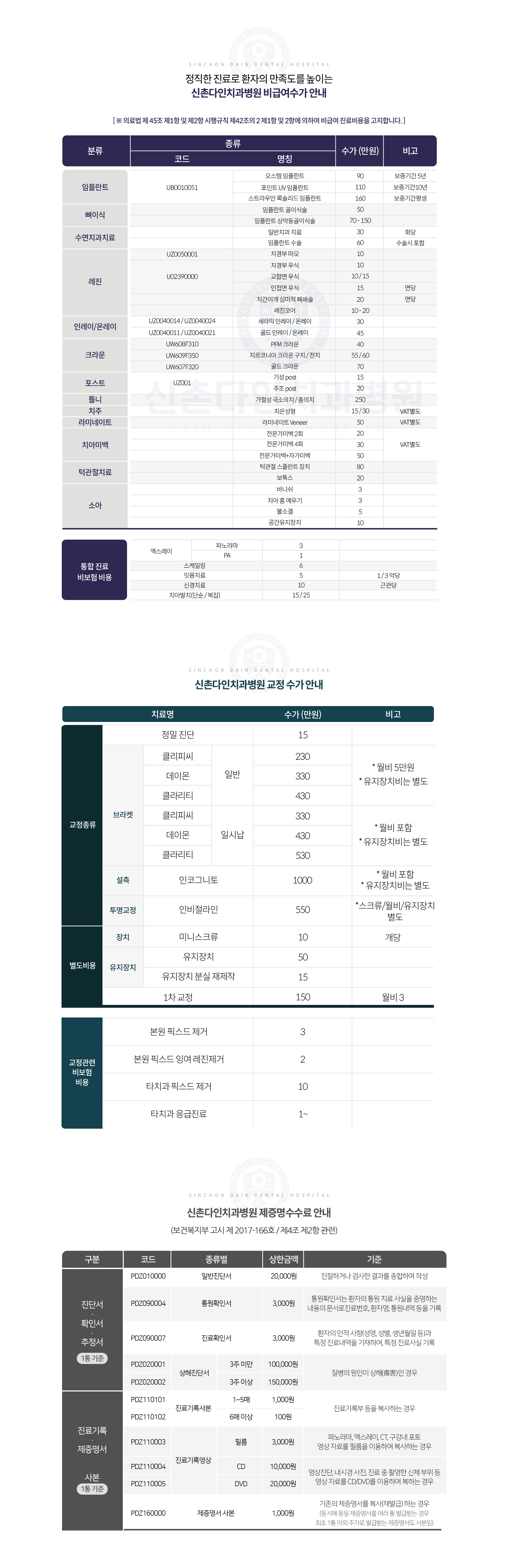 정직한-진료로-환자의-만족도를-높이는-신촌다인치과병원-비급여수가-안내-교정수가-안내-제증명수수료-안내
